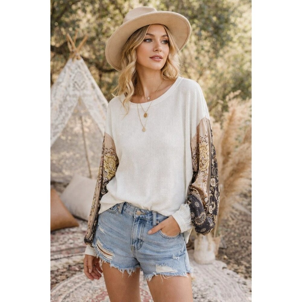 Free People Blossom Thermal Top size SMALL Paisley Balloon Blouson Boho